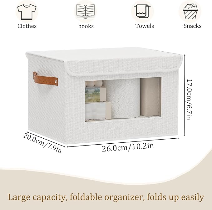 White Portable Storage Box,Closet Bin,10.2x7.8x6.7In,1Pack | Decorative Storage Bins with Lids,Shelf Baskets with Handles and Window,Fabric Closet Organizers,Sock Cube Container for Home