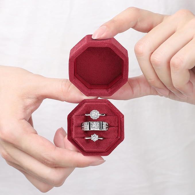 WantGor Velvet Ring Box, 3 Slots Jewelry Ring Gift Box Vintage Ring Holder | Ring Display Case for Wedding Ceremony Proposal Engagement (Burgundy)
