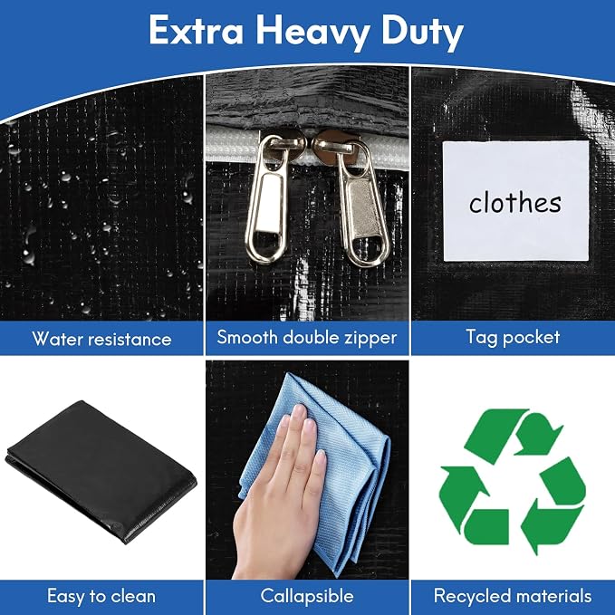 6-Pack Extra-Large Heavy-Duty Moving Bags with Reinforced Handles, Durable Zippers & Waterproof Material — Perfect for Space-Saving, Storage, Shipping and Travel (Black)