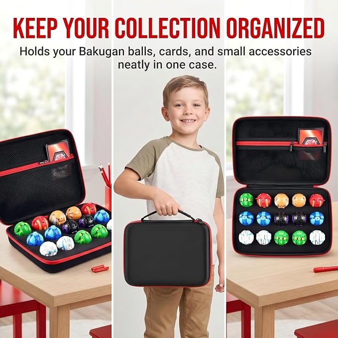 Comecase Hard Carrying Case Compatible with Bakugan Figures, Storage Organizer Box with 15 Foam Slots and Mesh Pocket for 60+ Cards, Travel Holder for Kids Toys (Case Only)- Black