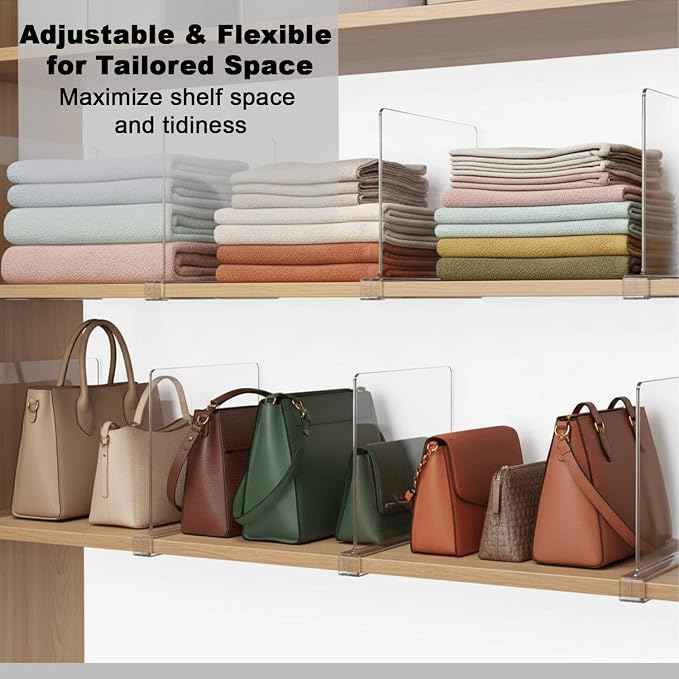 HIGH & SKY 6 Pack Acrylic Shelf Dividers for Closet Organization – Clear Adjustable Closet Shelf Separators for Clothes, Handbags & Towels – Durable Acrylic Shelf Dividers for Neat Shelves & Storage