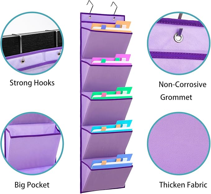 Wall Mounted Hanging Mail Organizer Back to School Paper Organizer File Holder for Classroom Office Organization (5 POCKETS-PURPLE)