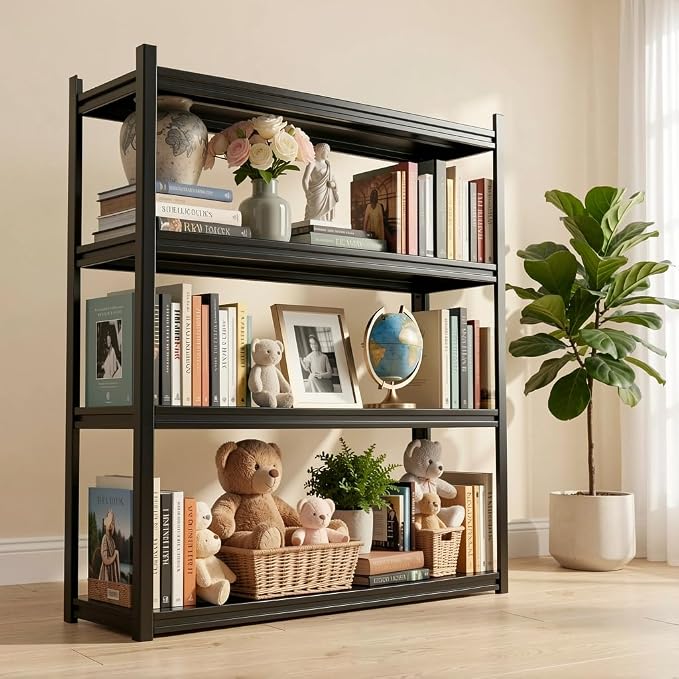 45" W*18" D Book Shelf，4 Tier Metal Wide Bookshelf，Heavy Duty Book Shelfs，Adjustable Shelving Unit，Tall Bookcase，Industrial Bookshelf for Living Room，Bedroom，Office and Library