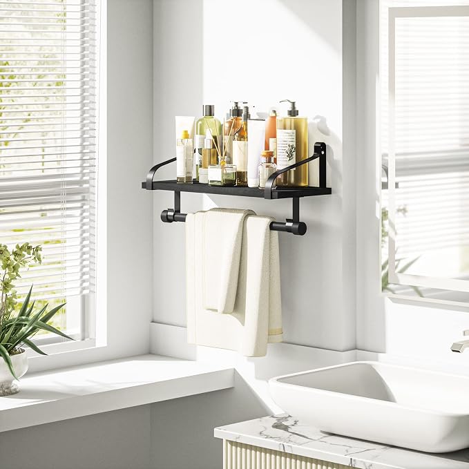 Love-KANKEI 17.3" Floating Wall Shelf Solid Wood/Bracket,Coffee Bar,Black | Spice Rack,Towel Bar/8 Hooks,40 Lbs/shelf,Easy to Install,For Kitchen,Bathroom,Living Room,Bedroom,Office,Entryway Display