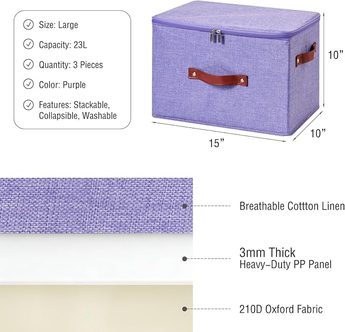 3PCS Storage Bins Boxes with Zippered Lids Cotton Linen Fabric Decorative Basket PU Leather Handles PP Plastic Board Foldable Lidded Clothing Shelf Closet Organizer Container (Purple, Large)