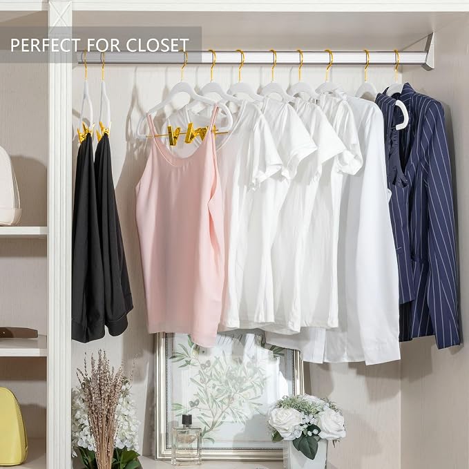 MIZGI Premium Velvet Pants Hangers with Adjustable Clips (Pack of 20) Slim Skirt Hangers- Non Slip Felt Outfit Dress Hangers White - Gold Hooks,Space Saving Shirt Clothes Hangers