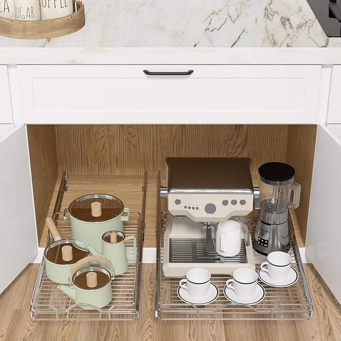 OCG Pull Out Cabinet Organizer (18" W x 21" D), Pull out Drawers, Cabinet Pull Out Shelves for Base Cabinet Organization in Kitchen Bathroom Pantry, Bottom Mount, Chrome Finish