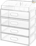 Clear Stackable Makeup Organizer with Drawer, 12''W Acrylic Storage Drawers, Cosmetic Display Case for Vanity Bathroom Countertop, Beauty Holder for Lipstick Brush Skincare Perfume (5 Pack)