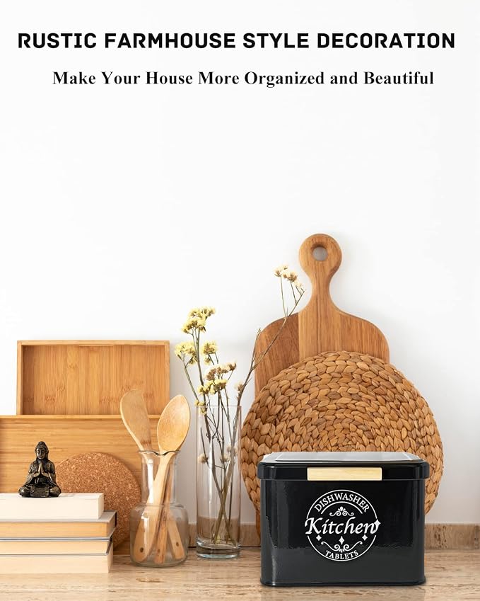 Dishwasher Pod Container with Hinged Lid. Farmhouse Metal Dishwaser Pods Holder for Kitchen Cabinet Organizer. Modern Kitchen Decor and Accessories. Dishwasher Detergent Tablet Storage (Black)