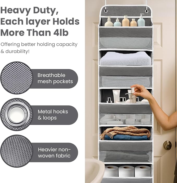 Easy Assembly Over The Door Organizer, 6 Shelves& 10 Side Pockets, Heavy-Duty Reinforced Mesh Rack Holds 44lb, Hanging Behind Door Storage for Bathroom Pantry, Nursery, Closet, Shoes, Towels-Dark Grey