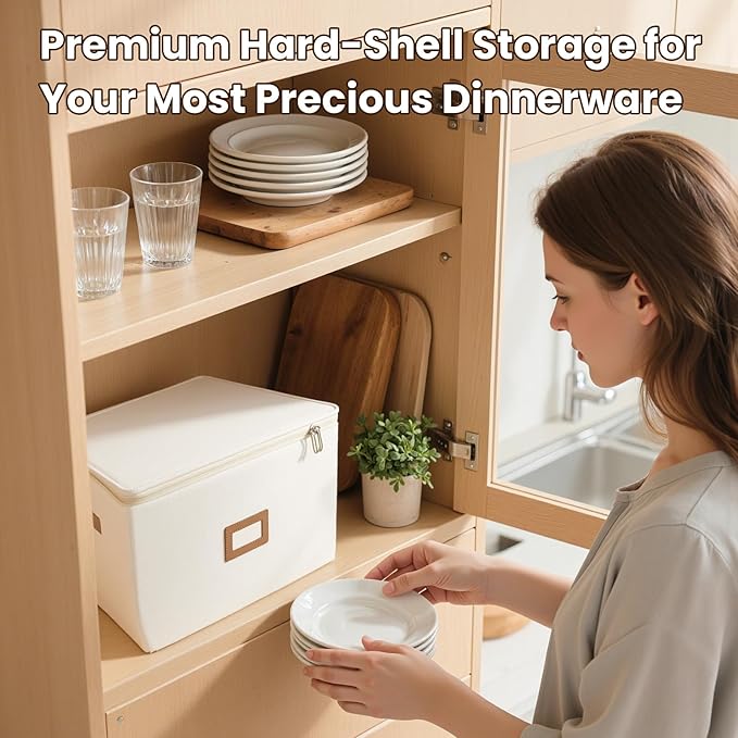 HOMELUX THEORY Wine Glass Storage Box with Dividers, Ivory Hard Shell China Storage Containers, Kitchen Storage Bins With Lids, Heavy Duty Moving Box for Packing Glasses, Stemware & Glassware