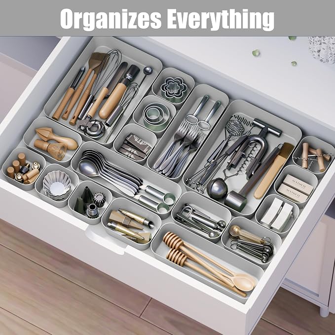 Drawer Organizers Bins 10 PCS for Bathroom Makeup Desk Office | with Non-slip Pads, 3 Sizes, Plastic Tray, Vanity Organizer, Kitchen Utensils Organizer