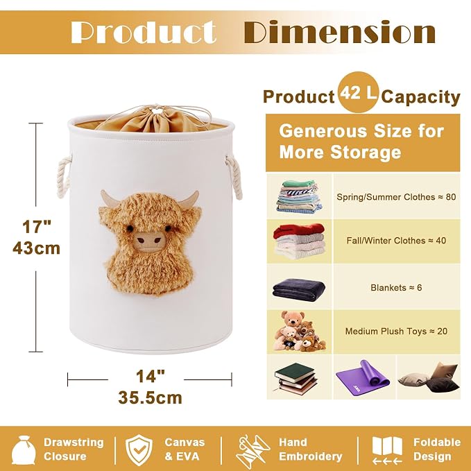 Kids Laundry Basket Nursery Hamper Baby Laundry Basket Stuffed Animal Toys Storage Baskets for Toddler Room Decor, Dirty Clothes Hampers with Drawstring Closure for Bedroom/Living Room, Highland Cow