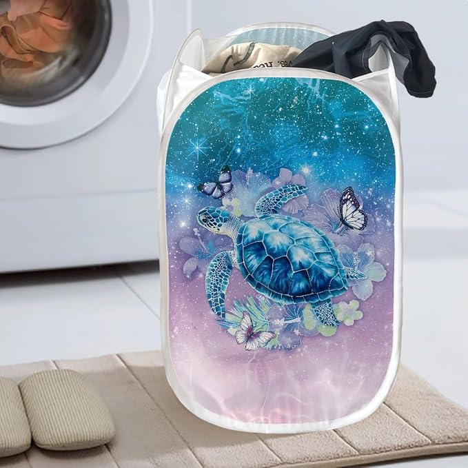 AFPANQZ Mesh Pop-up Laundry Hamper Collapsible Laundry Baskets with Side Pocket, Turtle Butterfly Steel Frame Foldable for Clothes Storage 61L, 13.5x13.5x21 inches