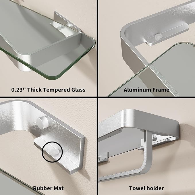 Danpoo 16-Inch Silver Floating Bathroom Shelves with Towel Bar, Clear Tempered Glass Wall Shelf 2-Pack – Versatile Bathroom Organizer Set