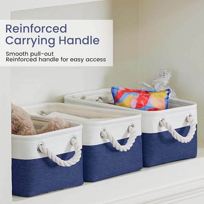 Storage Baskets for Shelves 11.8x7.9x5.2 Inch, Foldable Fabric Storage Bins with Handles, Small Storage Baskets for Organizing Closet, Office, Home Organization (3-Pack, White&Blue)