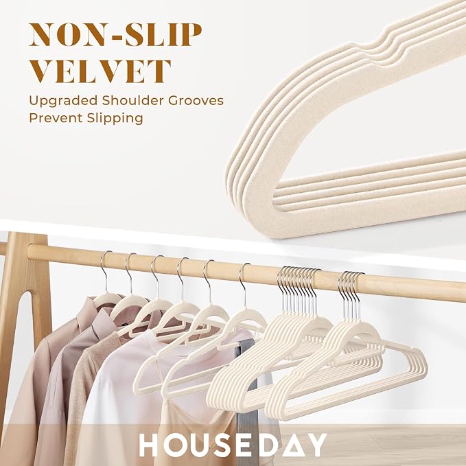 HOUSE DAY Velvet Hangers with Tie Bar 20 Pack, Non-Slip Clothes Hanger | Ivory Space Saving Felt Hangers for Pants, Coat, Suits, Shirt, Scarf, No Hanger Marks, with 360° Swivel Hook for Closet