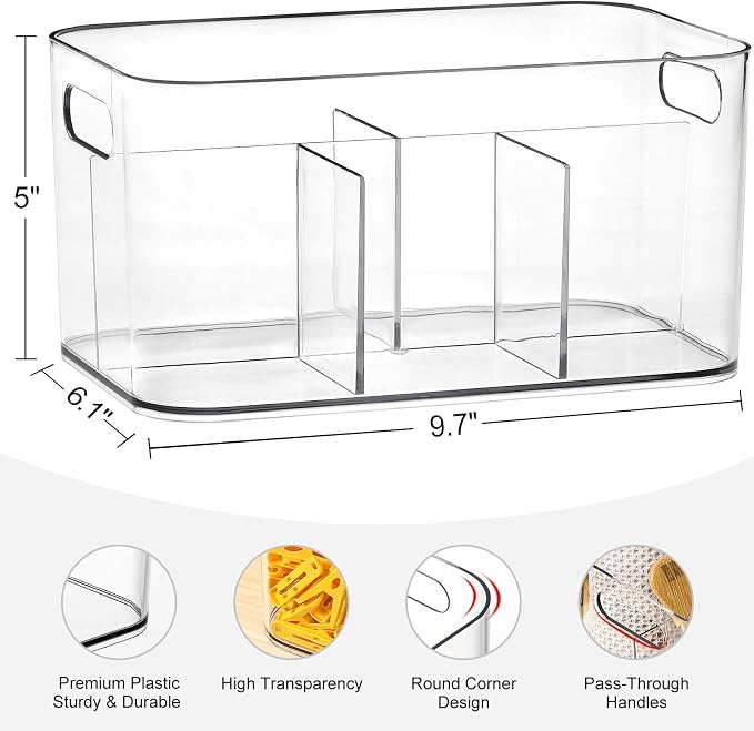 5-Compartment Clear Plastic Bin - Divided Art Supplies, Cosmetic Makeup Caddy Organizer - Multiuse Storage Container for Vanity, Bathroom, Kitchen, Office, Craft, Shower, Cleaning Items, (1 Pack)