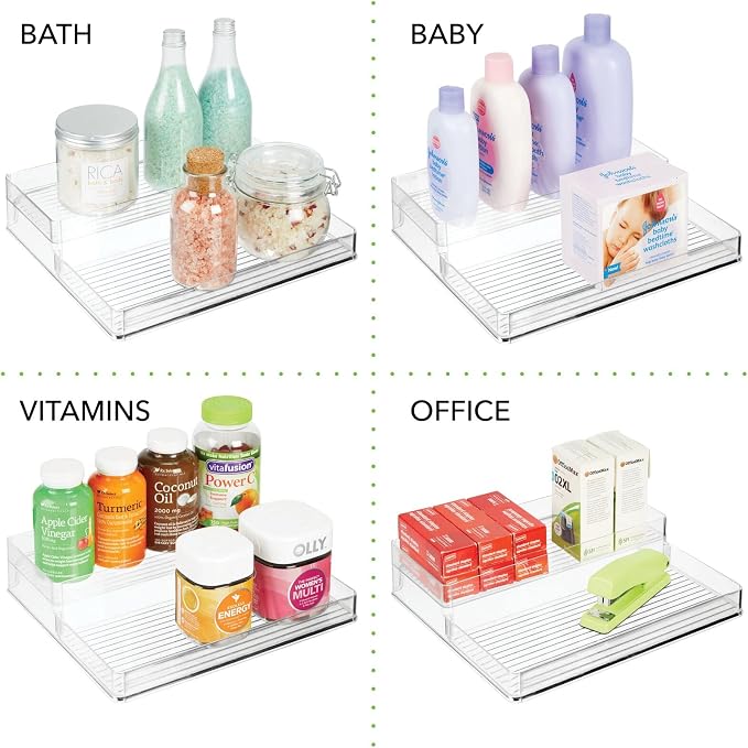 mDesign Plastic Kitchen Food Storage Organizer Shelves, Spice Rack Holder for Cabinet, Cupboard, Countertop, Pantry - Holds Jars, Baking Supplies, Canned Food - 2 Levels - Clear