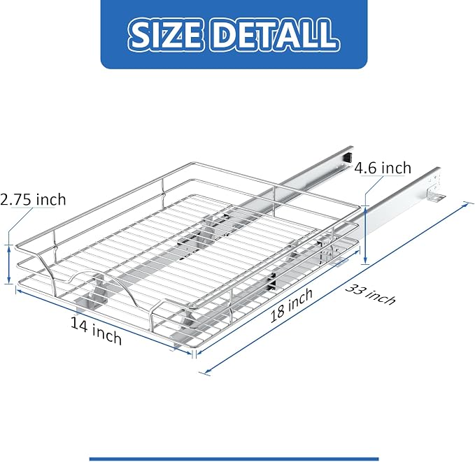 ROOMTEC Pull Out Cabinet Organizer - 14" W x 18" D, Slide Out Storage Shelves, Fits 15.5" Opening
