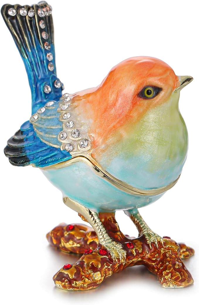 Hand Painted Enamel Robin Bird Trinket Box for Home Decor, Hinged Jewelry Organizer for Ring Earrings, Unique Figurine Keepsake Collectible Personalized Handmade Ornament Gifts (Multi-Sparrow)