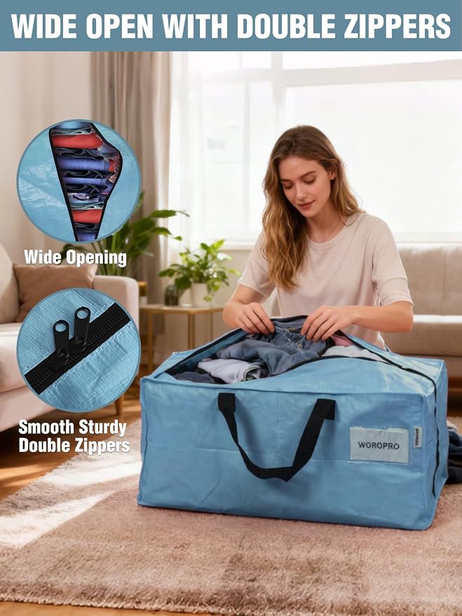 WORKPRO 8 Pack Extra Large Moving Bags with Zippers & Carrying Handles Backpack Straps, Heavy-Duty Storage Tote for Space Saving & Storage, Alternative to Moving Box (Dusty Blue)