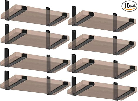 16 Pack - 7.25" L x 4" H x 1.5" W J Lip Shelf Brackets Rustic Farmhouse Iron Wall Floating Shelf Bracket Metal Shelf Bracket Industrial Shelf Supports with Screws Black