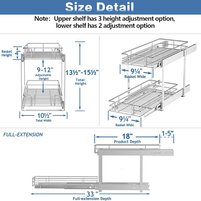 2 Tier Individual Pull Out Cabinet Organizer 10½" W x 18" D, Heavy Duty Cabinet Pull Out Shelves, Slide Out Drawers Organization for Kitchen Cabinets Bathroom