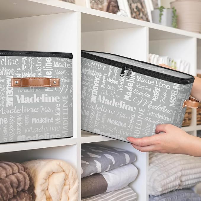 Custom Storage Basket with Name, Personalized Keepsake Box with Zipper Lid, Foldable Fabric Memory Bin Large capacity with Handle Grey