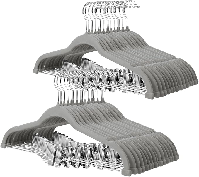 ManGotree Pants Hangers with Movable Clips, Non-Slip Velvet Skirt Hangers, Space-Saving Clothes Hangers for Pants, Skirts, Shirts, Coats, Dresses (32 Pack, Grey)
