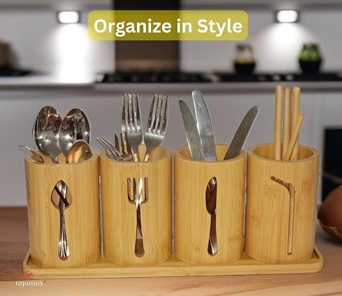 Bamboo Cutlery Holder Set - 4 kitchen Utensils Holder with Bamboo Tray | Decorative kitchen countertop Cutlery Stand | Utensil holder - knife, fork Spoon and Straw holders