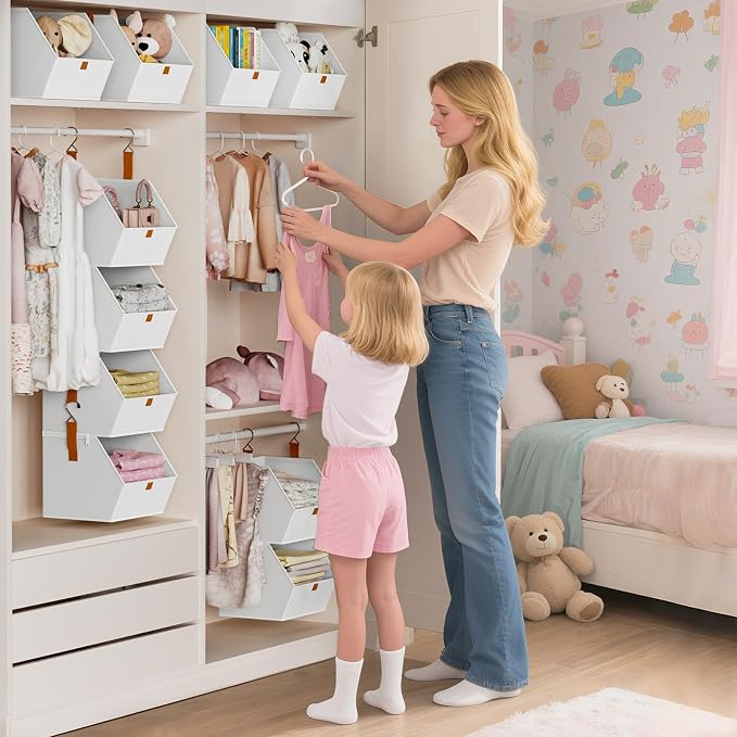 Homsorout Hanging Closet Organizer 4 Tier - Clothes Hanging Shelves, Space-Saving Closet System, Fabric Storage Bins Bedroom Organization, Collapsible Baskets for Home, Dorm, Rv, White, 8 Pack