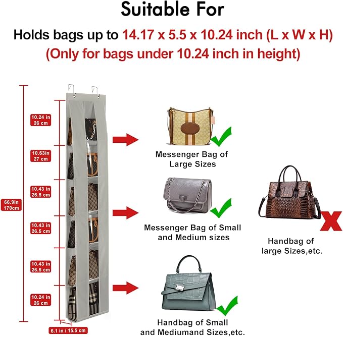 Lirex Over The Door Purse Organizer, Space-Saving Medium and Large Handbag Storage Organizer Clothing Closet Hanger, Grey