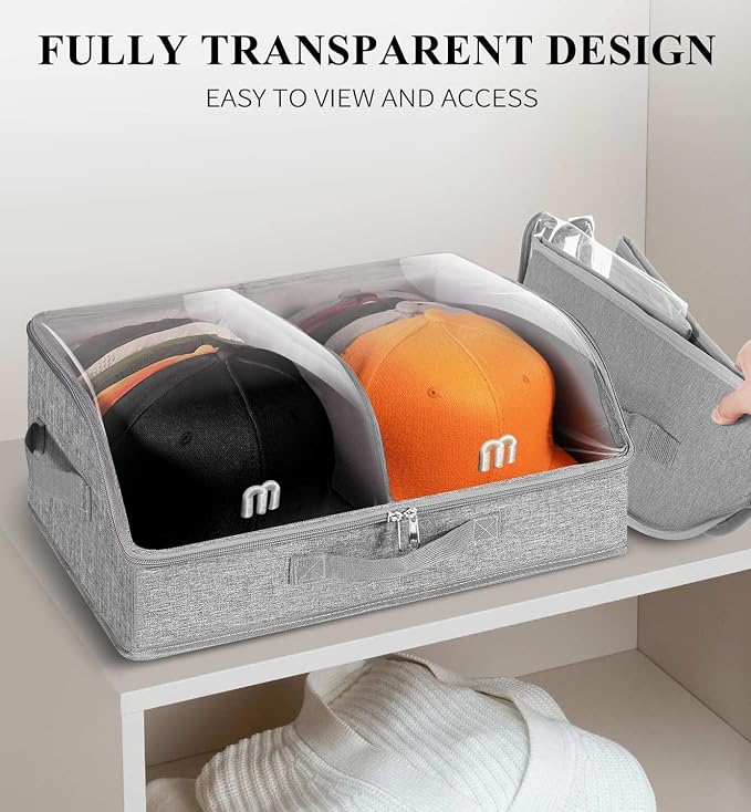 Hat Organizer for Baseball Caps, 2 Compartments Clear Window Hat Storage Box for Closet Hold Up to 24 Caps, Hats Holder Container with Sturdy Cardboard for Home Storage | Gray