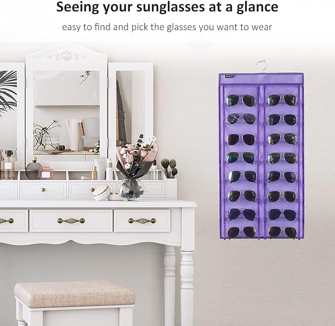 Dual Sided Hanging Sunglasses Organizer Wall Eyeglass Holder Sunglass Rack for Home with 32 Dust Proof Pockets (32 Pockets-Purple)