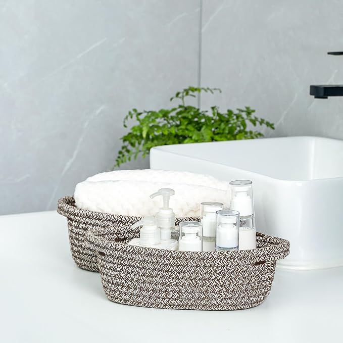 CubesLand Small Storage Basket Cotton Rope Organizer Baskets for Shelves | Set of 5 Decorative Closet Storage Bins with Handle for Countertop, Toilet Paper Basket for Toilet Tank Top, Mixed Brown