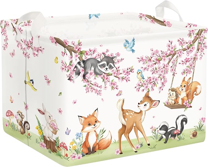 Clastyle Forest Animal Baby Storage Basket Leaf Kid Laundry Hamper Boy Girl Gift Toy Box Collapsible Clothes Organizer Nursery Bin for Bedroom, Cherry Deer, 40x30x30 cm