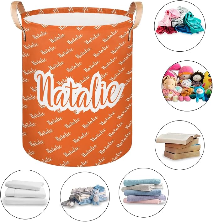 Personalized Laundry Basket, Custom Gift Laundry Hamper, Collapsible Nursery Waterproof Laundry Baskets, Dirty Clothes Toy Hamper with Handles Name Orange