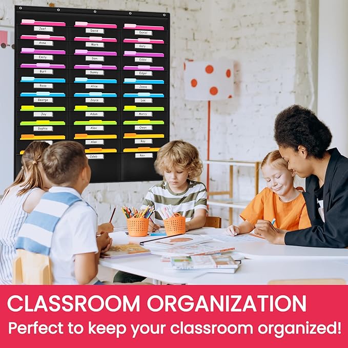 School Pocket Chart, 30 Signatory Pocket, Heavy Duty Hanging File Folders Pocket Chart Cascading Organizer & 5 Hangers Hooks, Perfect for Classroom, School, Office or Home Use