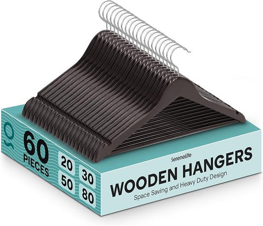 60 Pieces Wood Hangers - Space Saving Heavy Duty Slim Suit Clothes Hanger Set with 360 Degree Swivel Metal Hook, Can Hold Up to 10 Lbs. for Coats, Jackets, Pants & Dress (Brown)