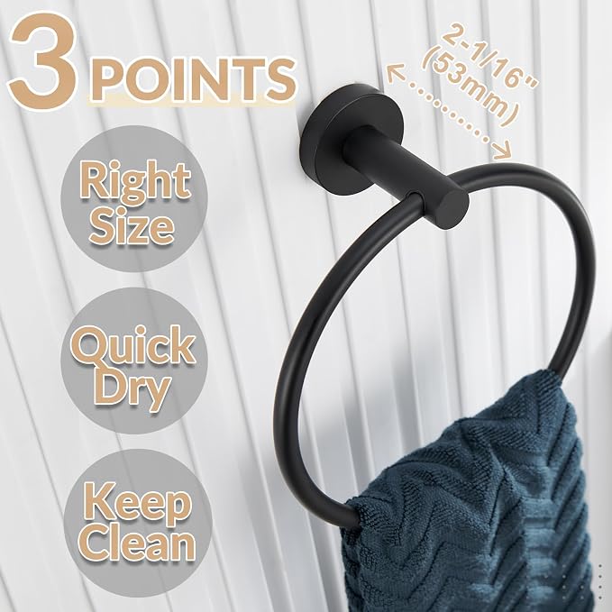 APLusee Matte Black Towel Ring Wall Mounted, Hand Towel Holder for Bathroom, Solid Stainless Steel Round Wall Hanger