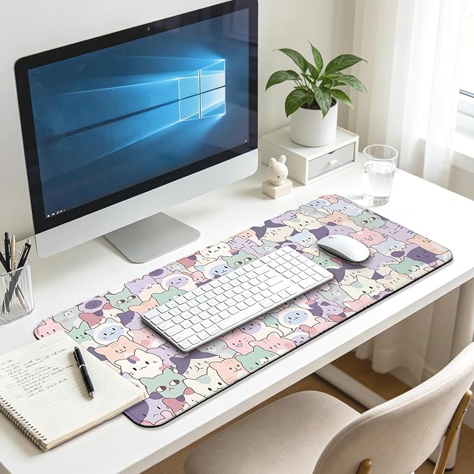 Cute Pink Cat Gaming Desk Mat, Computer Keyboard Large Extended Kawaii Pastel Cat Mouse Pad for Office and Home, 31.5×11.8 Inches, XL