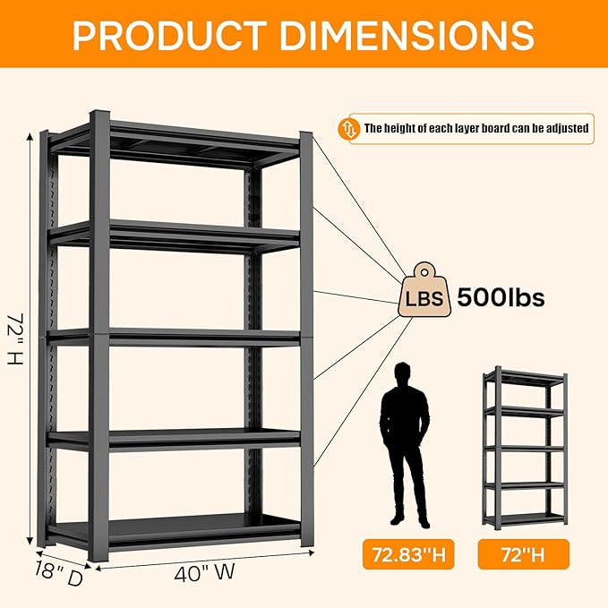 Deep Bookshelf for Storage, 5-Tier Tall Metal Bookcase, Heavy Duty Industrial Book Shelves for Large Books & Binders, 18-Inch Deep
