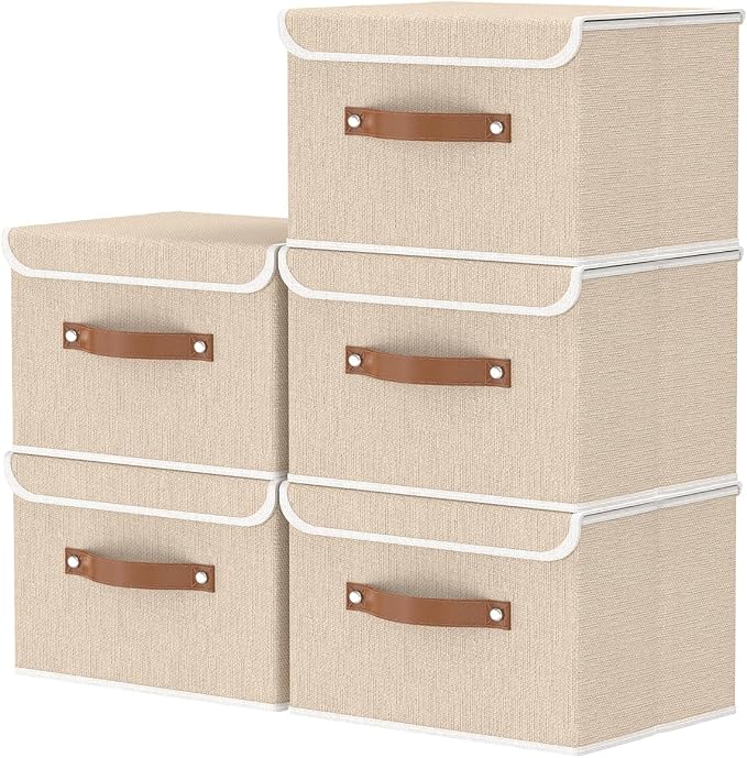 OUTBROS Fabric Storage Bins, Beige, 5 Pack 10.2 x 7.9 x 6.7 in | Storage Boxes with Flip-Top Lid and Handles, Cube Organizers for Organizing Home,Office,and Closet