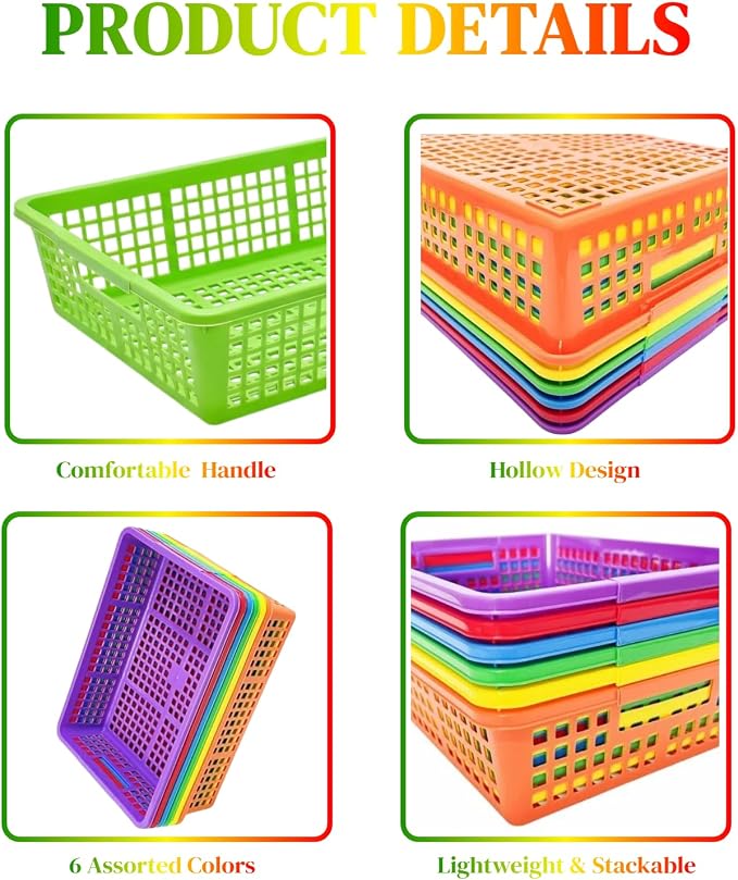 6 Pack Plastic Turn in Paper Trays for Classroom, Colorful Storage Bin Basket Organizers for School Supplies, Classroom Organization and Storage Tray Holds 4A Paper