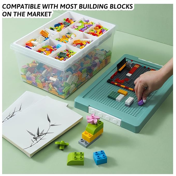 Plastic Storage Bins with Lids - 1 Set Stackable Arts Crafts Organizer Box with Removable Divided Tray &Compatible Building Baseplate,Toy Chest Containers for Bricks -Green(14.37"x9.64"x6.69")