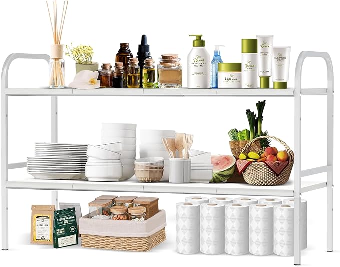 Expandable 2-Tier Under Sink Organizer, 8 Removable Plastic Boards, Tool-Free Installation (White, 2-Tier 8 Boards)
