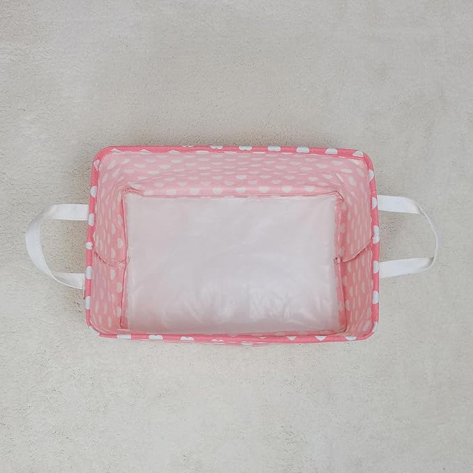 Rectangular Collapsible Storage Basket Nursery Organizer Pink Heart | Storage Bin Foldable Canvas with Handles for Organizing Home Kitchen Children Toys Office Closet Shelf Baskets