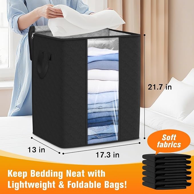 SpaceTrove Clothes Storage Bags, 8-Pack Comforter Blanket Organizers, 80L Large Capacity Containers with Visual Window for Clothing, Quilt, Sheet, Pillow, Closet Organization for Bedding (Black)