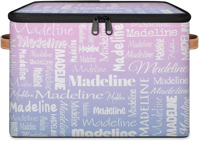 Custom Storage Basket with Name, Personalized Keepsake Box with Zipper Lid, Foldable Fabric Memory Bin Large capacity with Handle Pink Purple